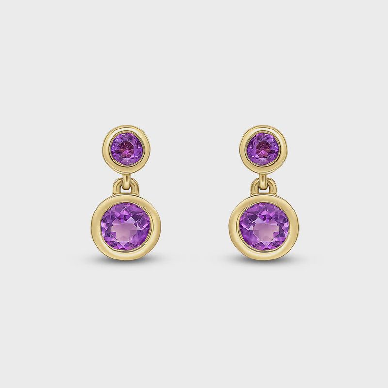 9ct Yellow Gold 0.62ct Round Amethyst Double Stone Rubover Drop Earrings
