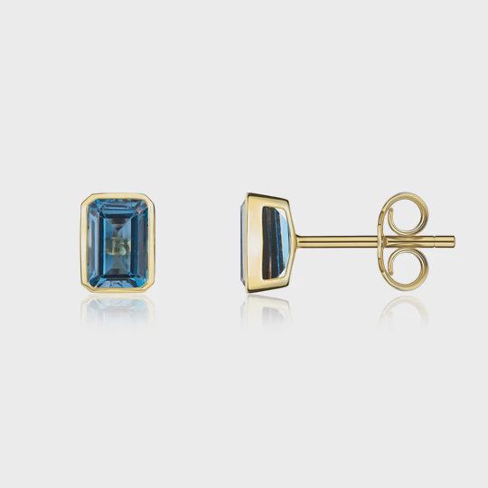 9ct Yellow Gold 2.60ct Octagonal London Blue Topaz Rubover Stud Earrings