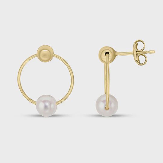 9ct Yellow Gold Ball and Freshwater Pearl on Circle Drop Earrings