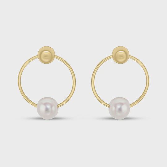 9ct Yellow Gold Ball and Freshwater Pearl on Circle Drop Earrings