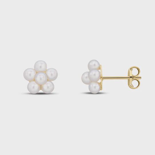 9ct Yellow Gold Pearl Cluster Stud Earrings