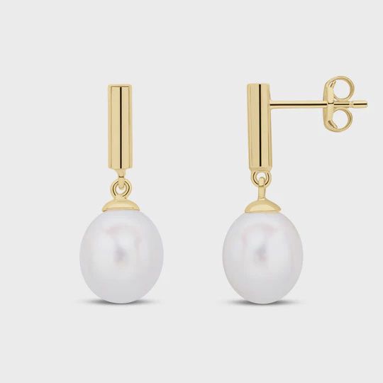 9ct Yellow Gold Cylinder Bar With Pearl Drop Earrings