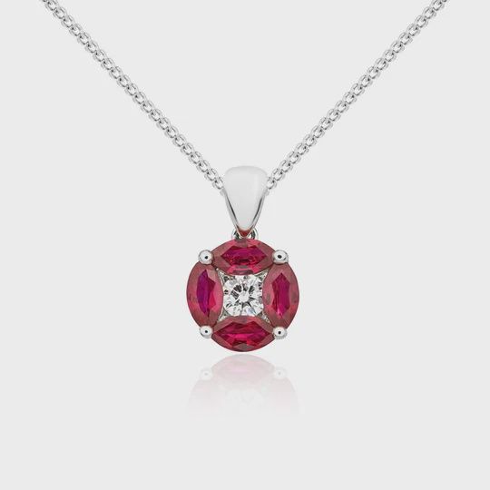 18ct White Gold 0.60ct Marquise Ruby &amp; 0.13ct Diamond Cluster Pendant