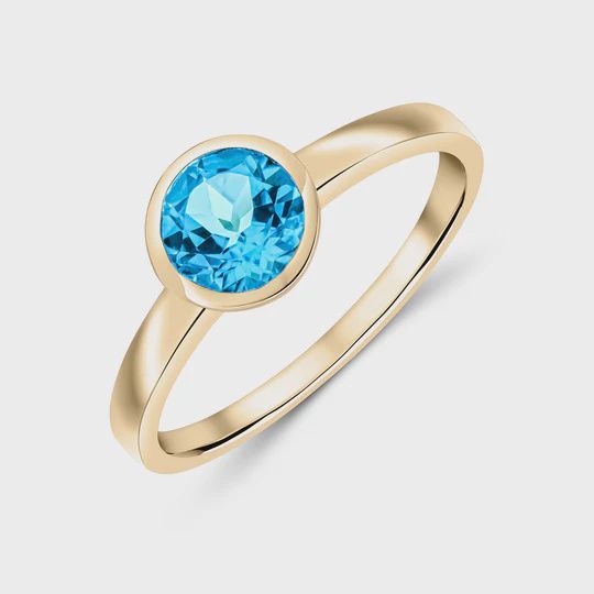 9ct Yellow Gold 0.84ct Round Swiss Blue Topaz Rubover Ring