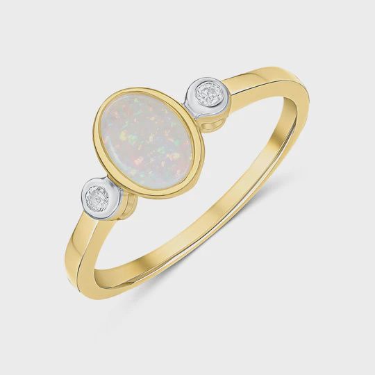 9ct Yellow Gold 0.39ct Oval Opal &amp; 0.05ct Diamond Three Stone Rubover Ring