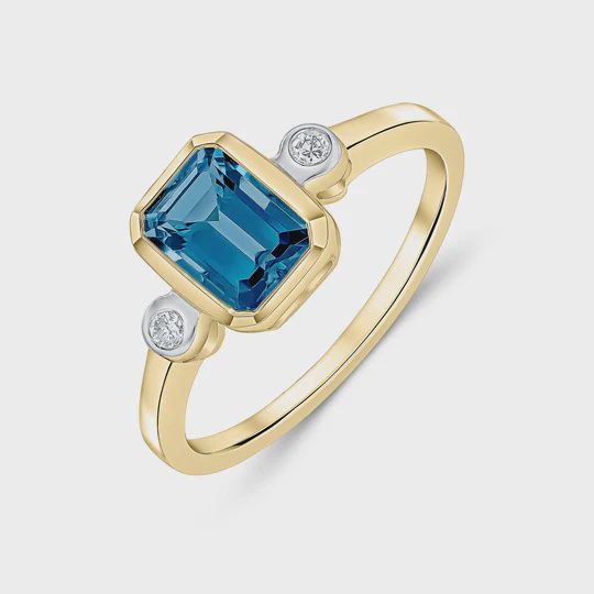 9ct Yellow Gold 1.14ct Octagonal London Blue Topaz &amp; 0.05ct Diamond Three Stone Ring