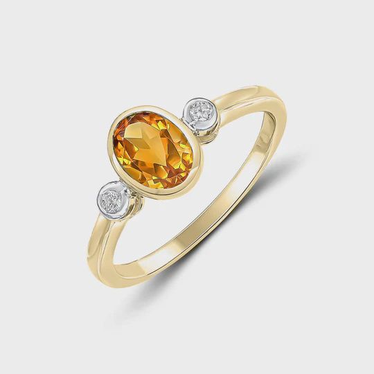 9ct Yellow Gold 0.66ct Oval Citrine &amp; 0.05ct Diamond Three Stone Rubover Ring