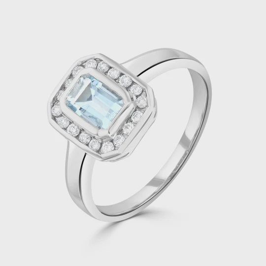 9ct White Gold 0.48ct Octagonal Aquamarine &amp; 0.16ct Diamond Cluster Ring