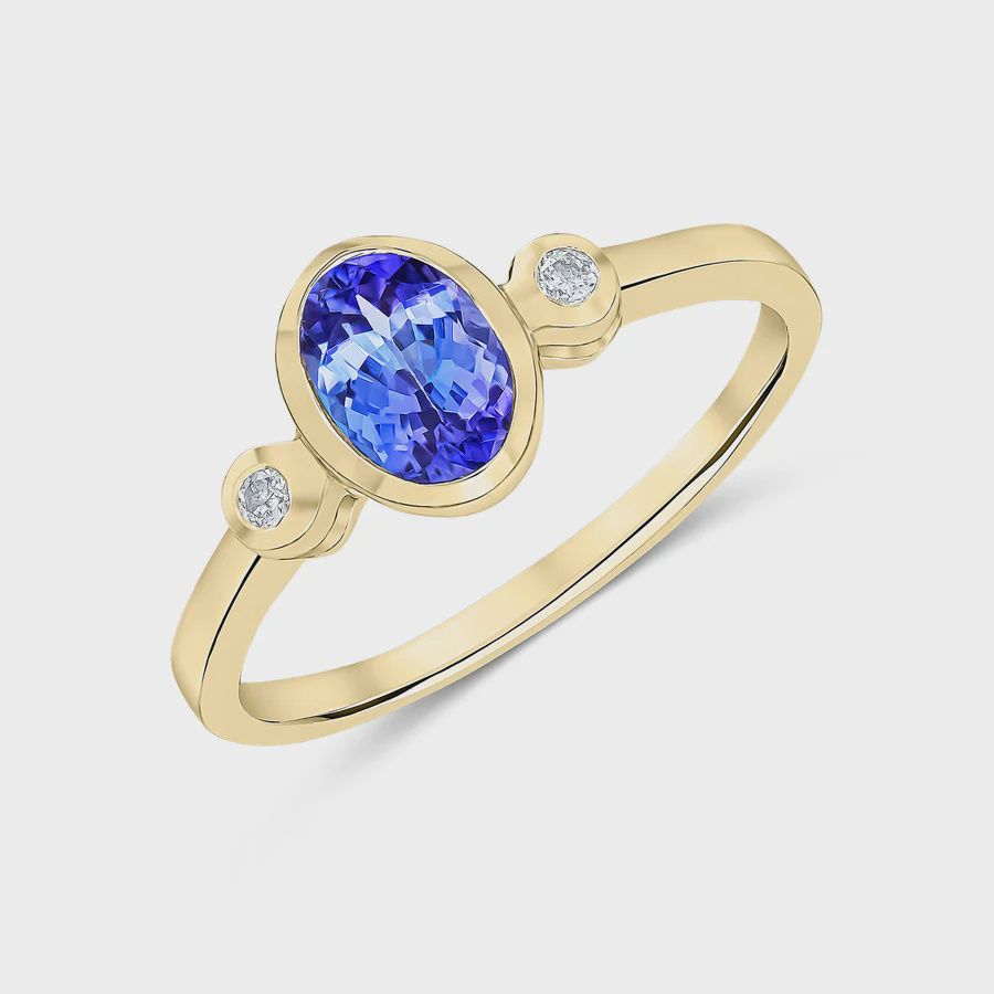 9ct Yellow Gold 0.76ct Oval Tanzanite &amp; 0.05ct Round Diamond Three Stone Rubover Ring