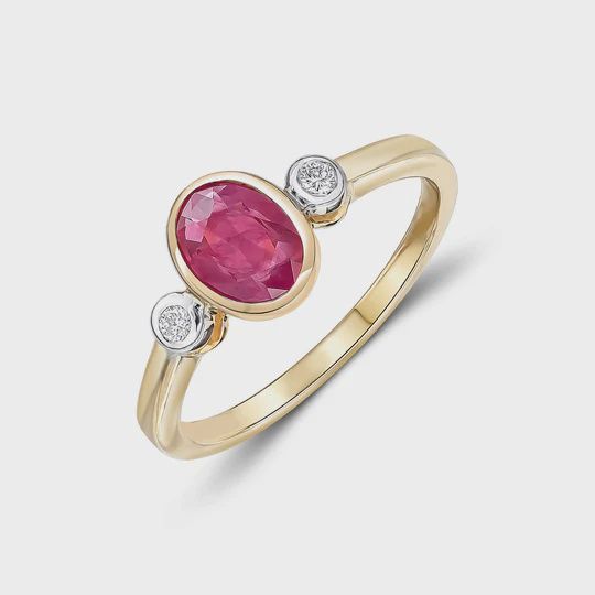 9ct Yellow Gold 0.85ct Oval Ruby &amp; 0.05ct Diamond Three Stone Rubover Ring