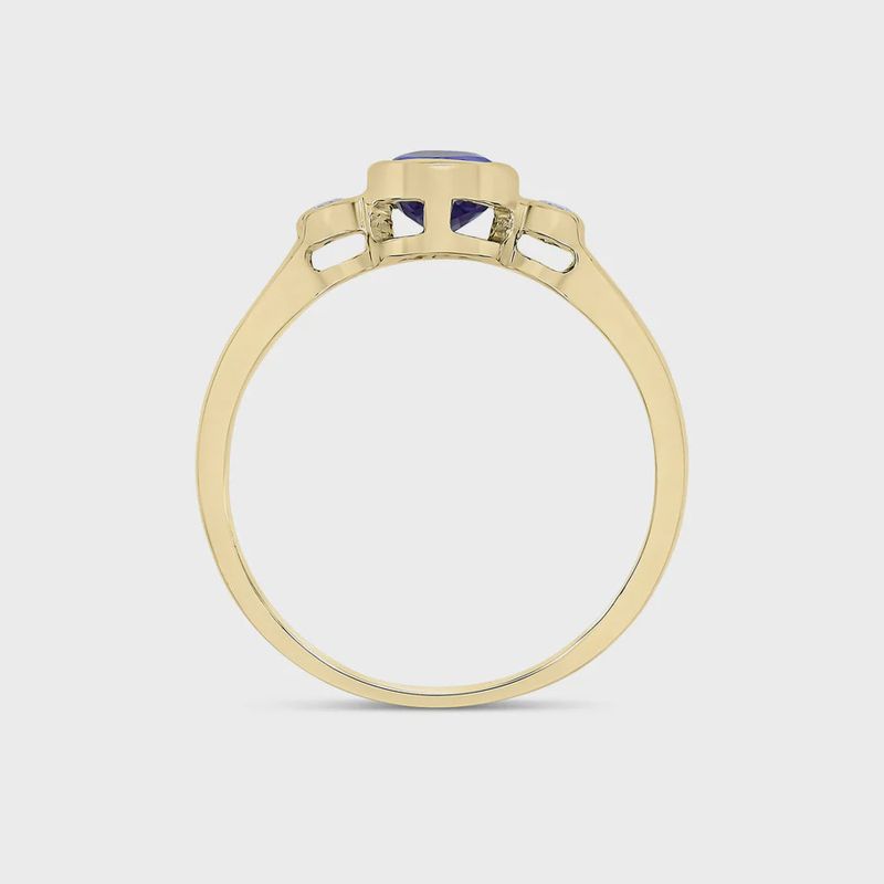 9ct Yellow Gold 0.76ct Oval Tanzanite &amp; 0.05ct Round Diamond Three Stone Rubover Ring