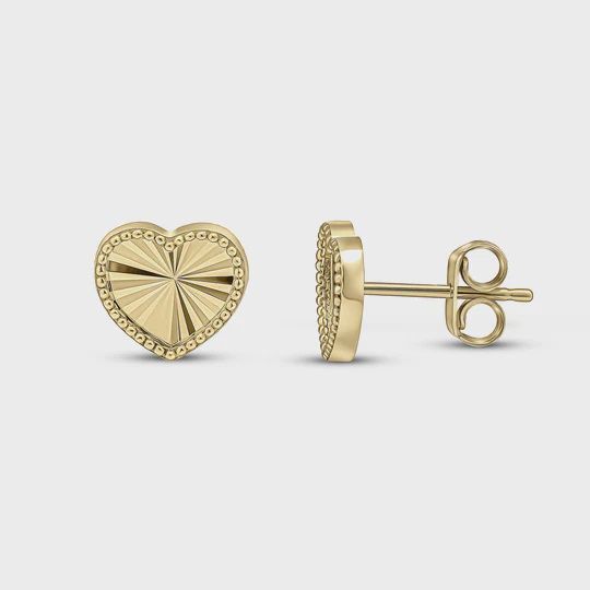 9ct Yellow Gold Diamond Cut Beaded Edge Heart Stud Earrings 9mm