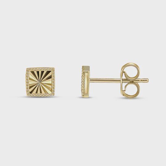 9ct Yellow Gold Diamond Cut Beaded Edge Square Stud Earrings 5.5mm