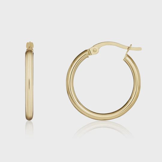 9ct Yellow Gold 2mm Round Hoop Earrings 14mm