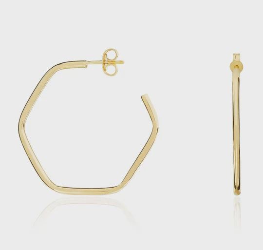 9ct Yellow Gold Hexagon Peg &amp; Scroll Hoop Earrings 25x1.5mm