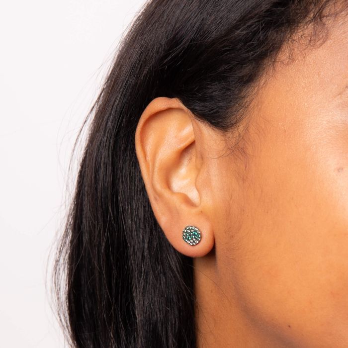Silver Gradient Green Crystal Disc Stud Earrings