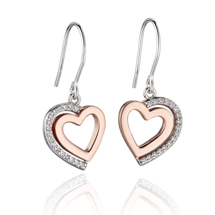 Silver Rose Gold Plated Clear CZ Pave Heart Drop Earrings