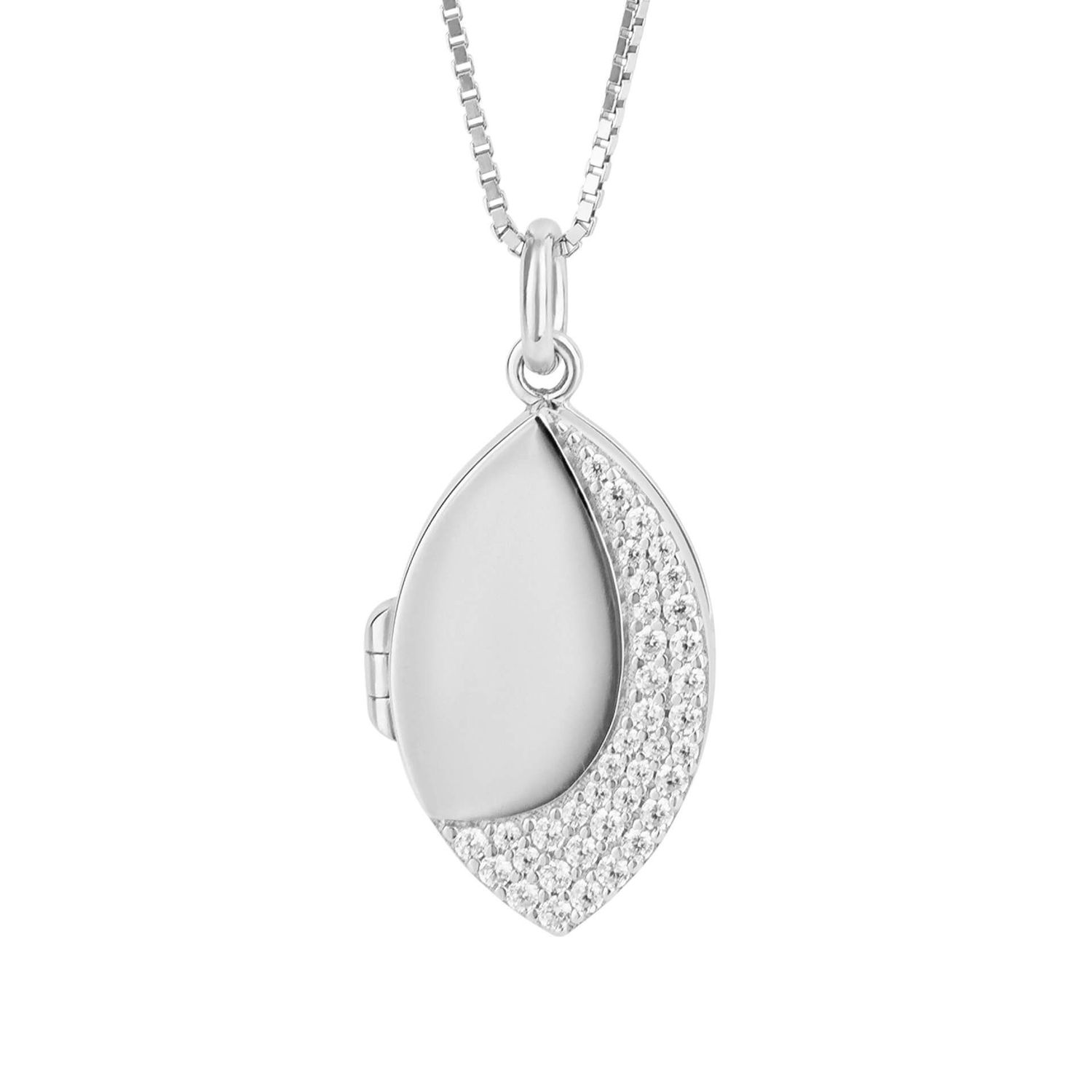 Silver Navette Locket with Cubic Zirconia