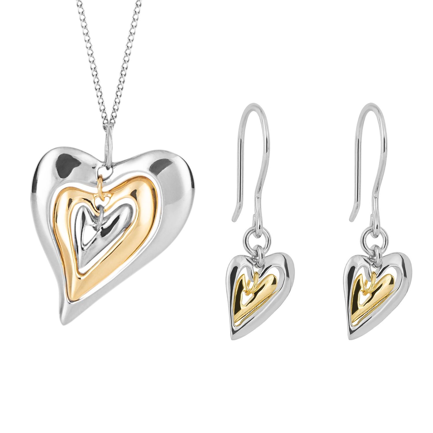 Silver Organic Heart Pendant &amp; Earrings Set with Gold-Plating