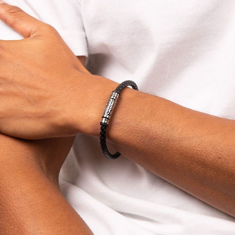 Stainless Steel & Black Leather Plaited Bracelet