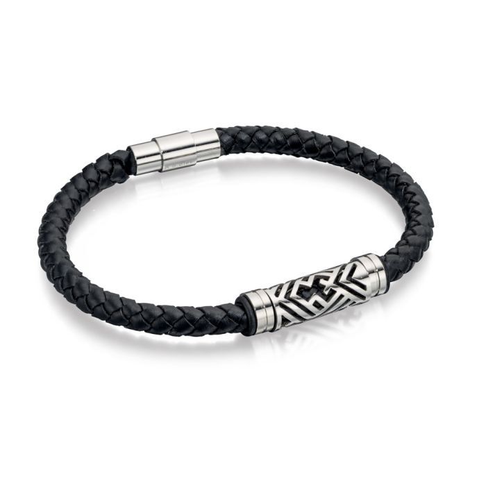 BOSS Stainless Steel &amp; Black Leather Plaited Bracelet