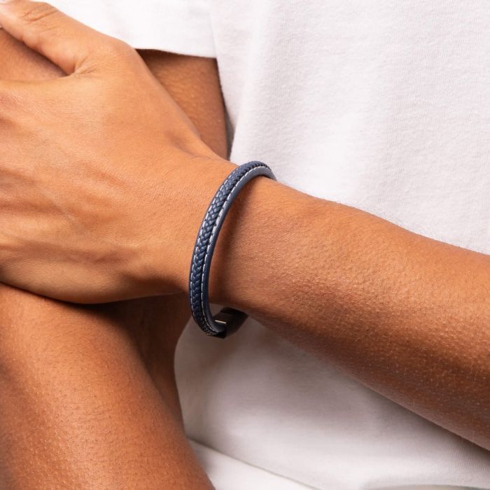 S/Steel Blue Leather Plaited Bracelet with Brushed Clasp, Length: 21cm