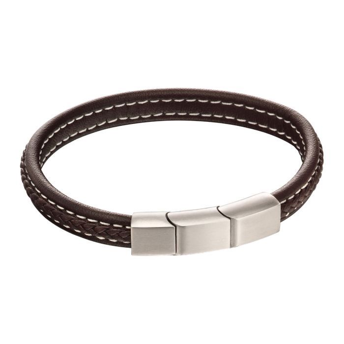 S/Steel Brown Leather Plaited Bracelet with Brushed Clasp, Length: 21cm