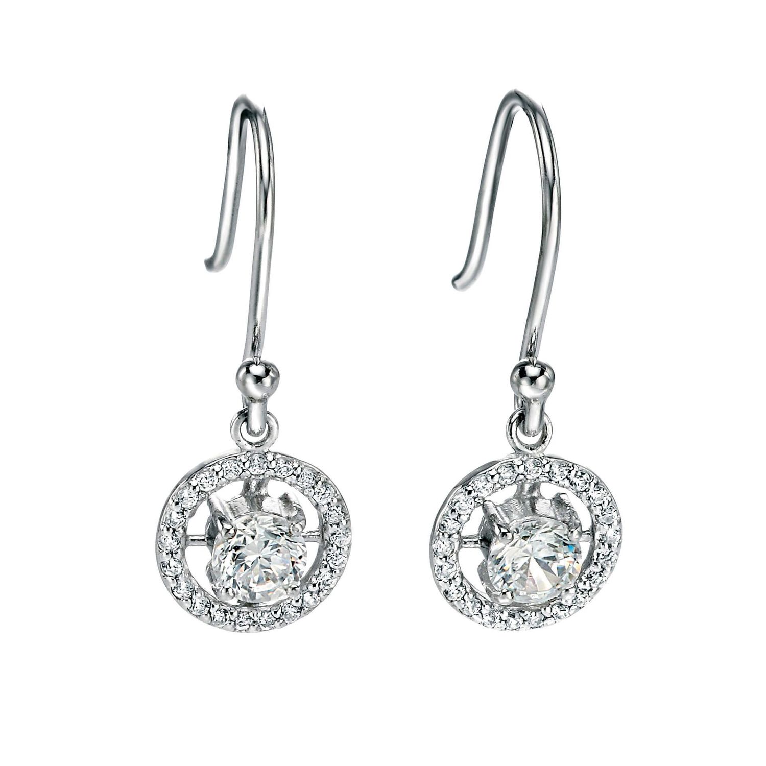 Silver Round Pave CZ Drop Earrings