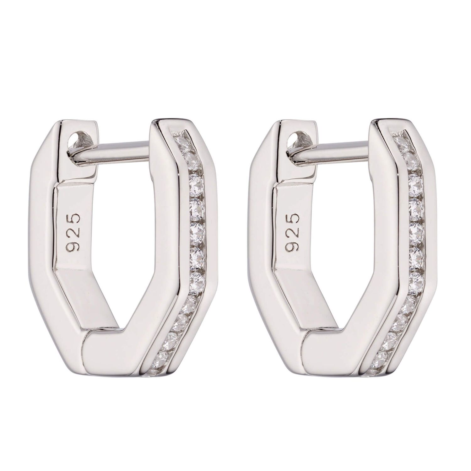 Silver Layered Octagon Hoop Earrings, Metal: Silver with Cubic Zirconia