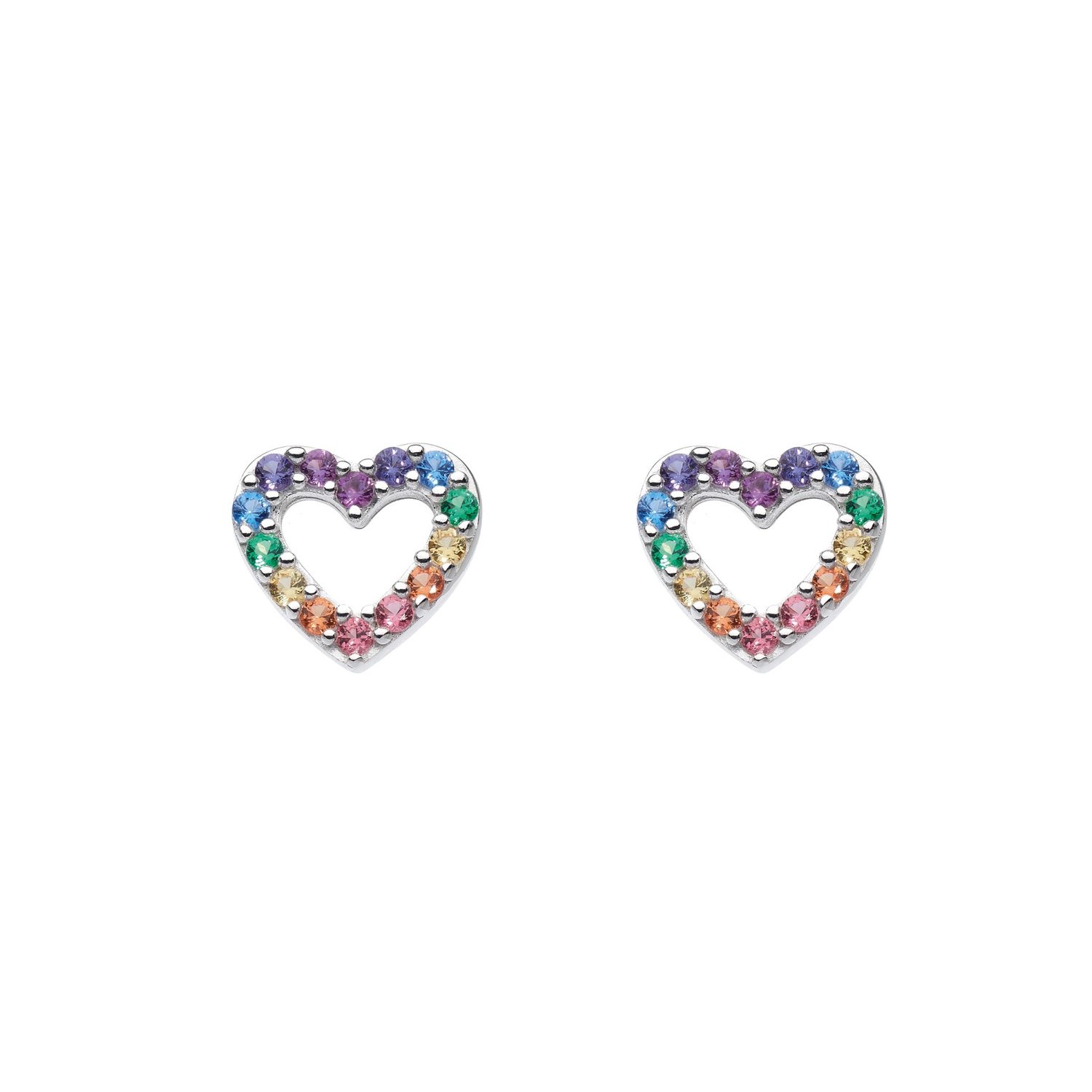 Silver Open Heart Rainbow Gem Stud Earrings