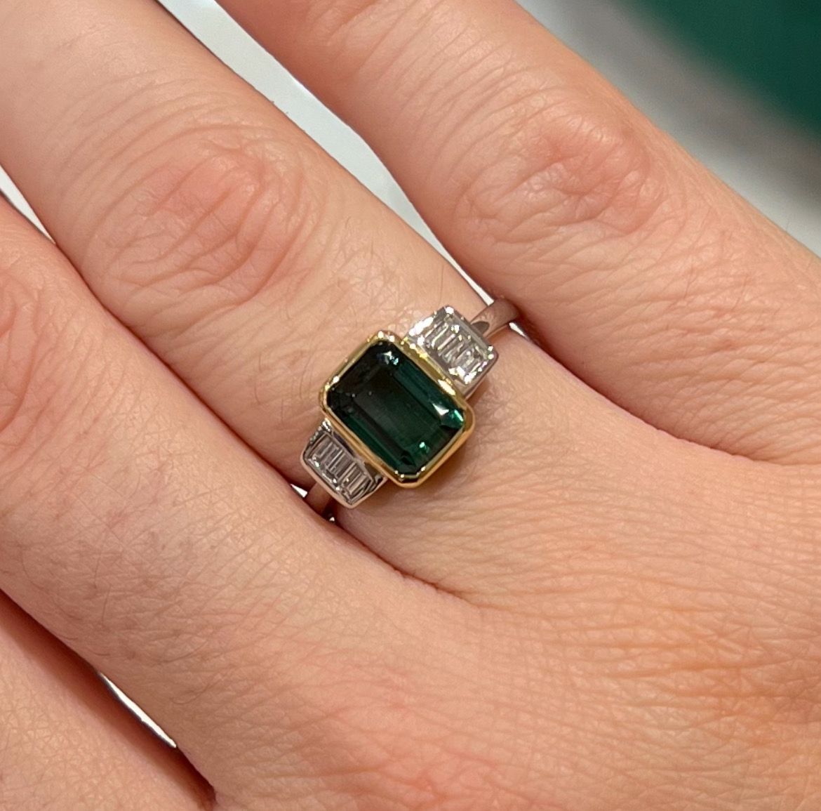 Platinum 1.60ct Teal Tourmaline &amp; Diamond Three Stone Ring