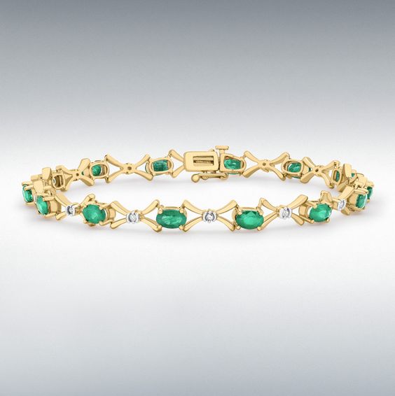 9ct Yellow Gold Emerald &amp; Diamond Bracelet 7.5 inch