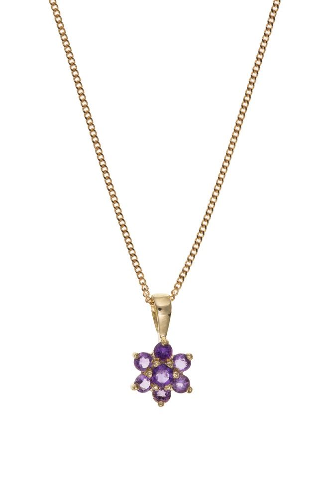 9ct Yellow Gold Amethyst Cluster Pendant Necklace
