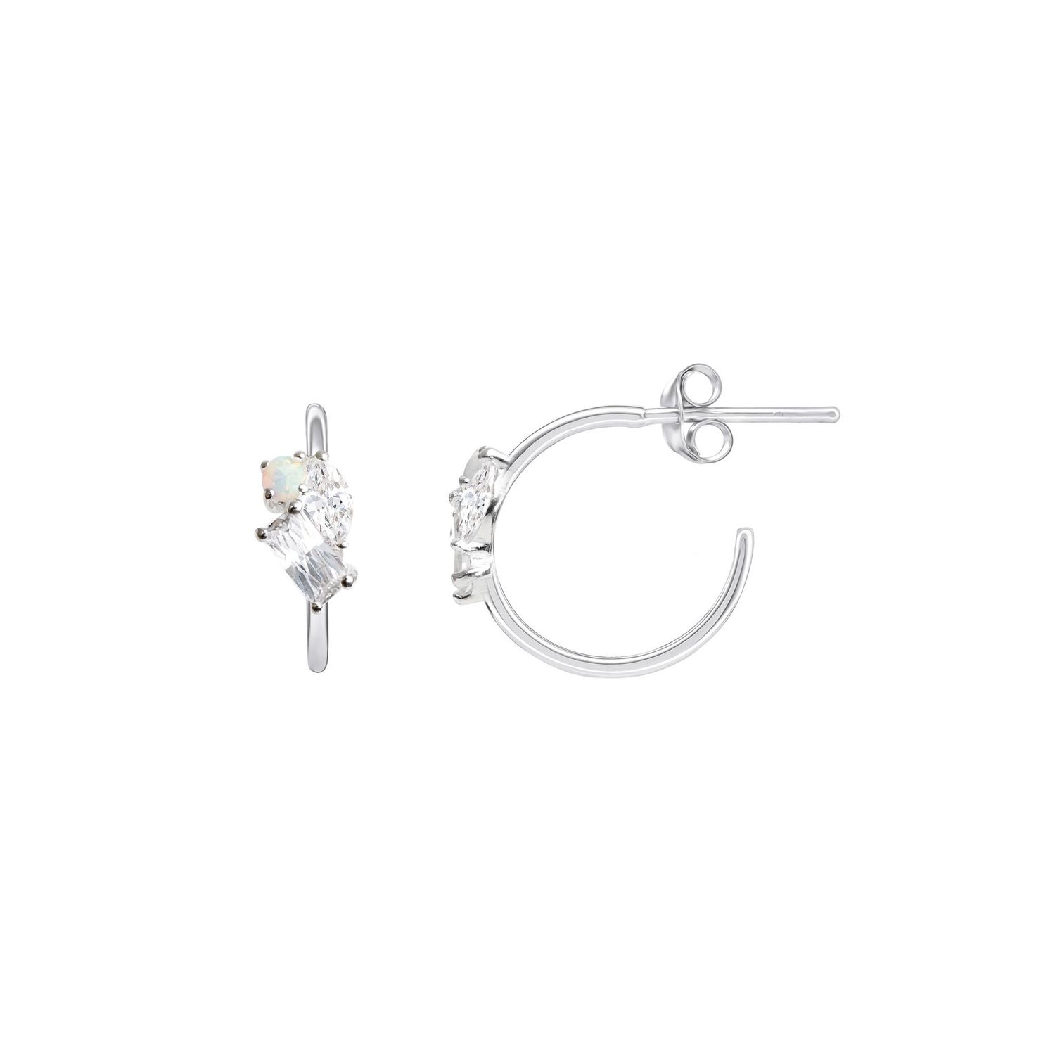 Silver Opal CZ Cluster Hoop Stud Earrings