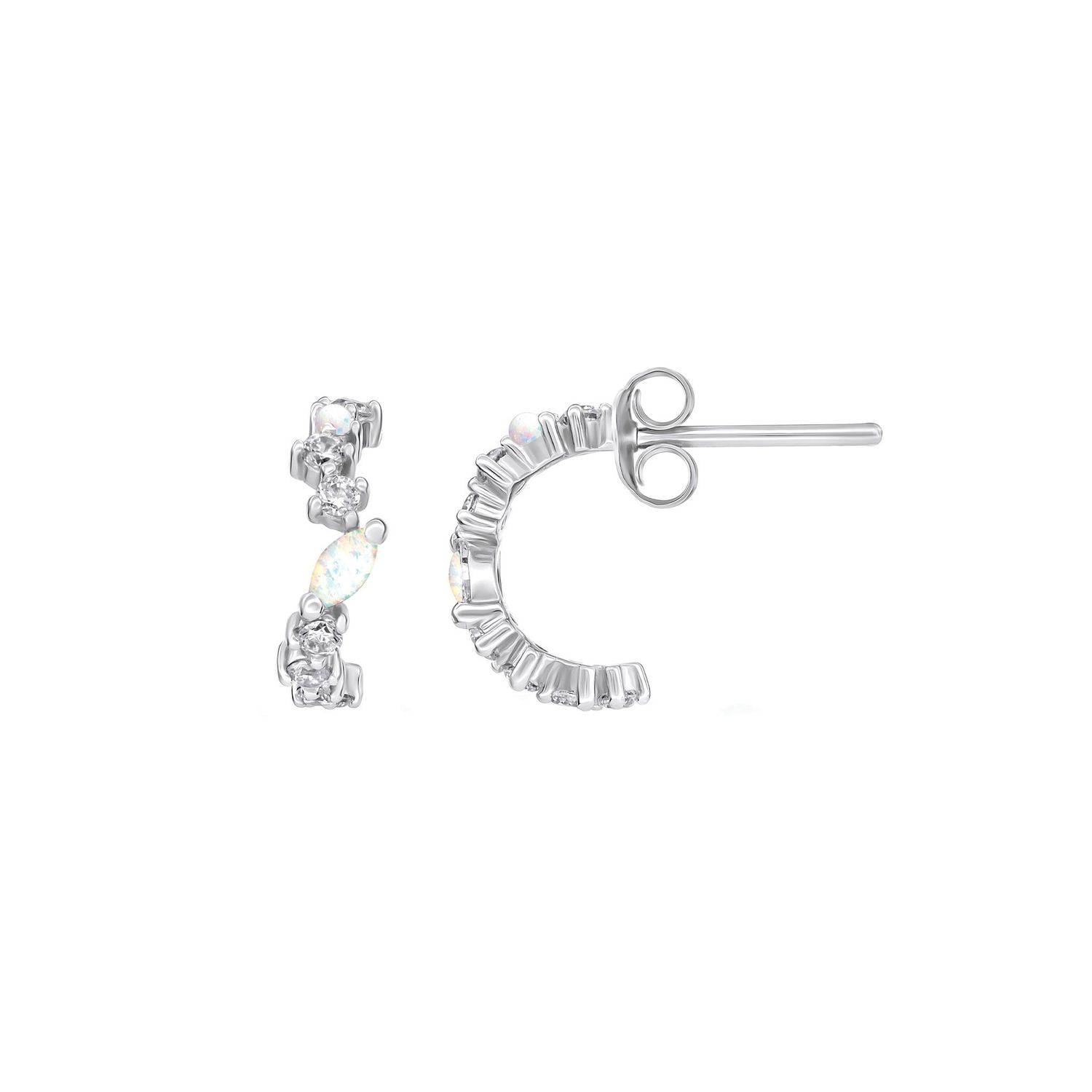 Silver Opal CZ Wavy Hoop Stud Earrings