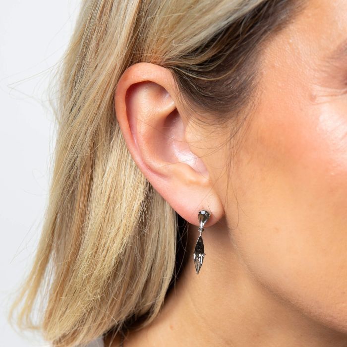 Silver Navette Black Crystal Drop Earrings