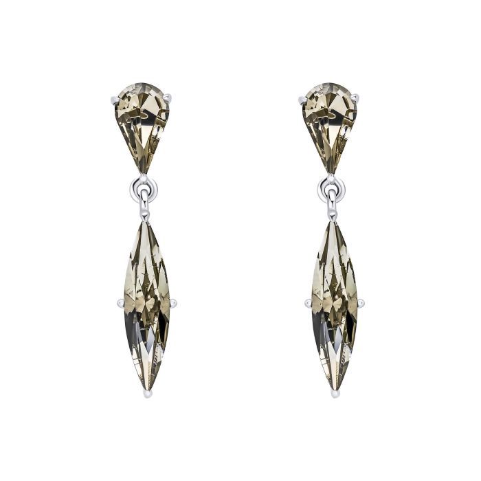 Silver Navette Black Crystal Drop Earrings