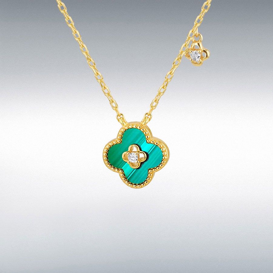 Silver Gold Plated Malachite Clover Cubic Zirconia Necklace