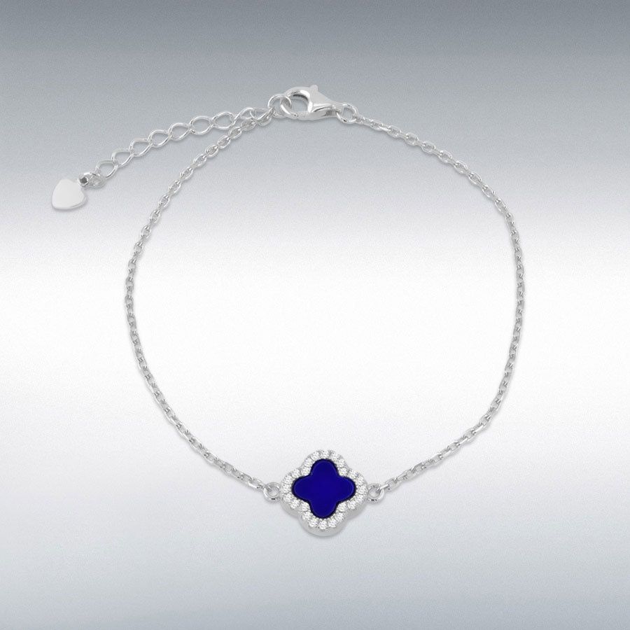 Sterling Silver Blue Lazurite Halo Clover Bracelet