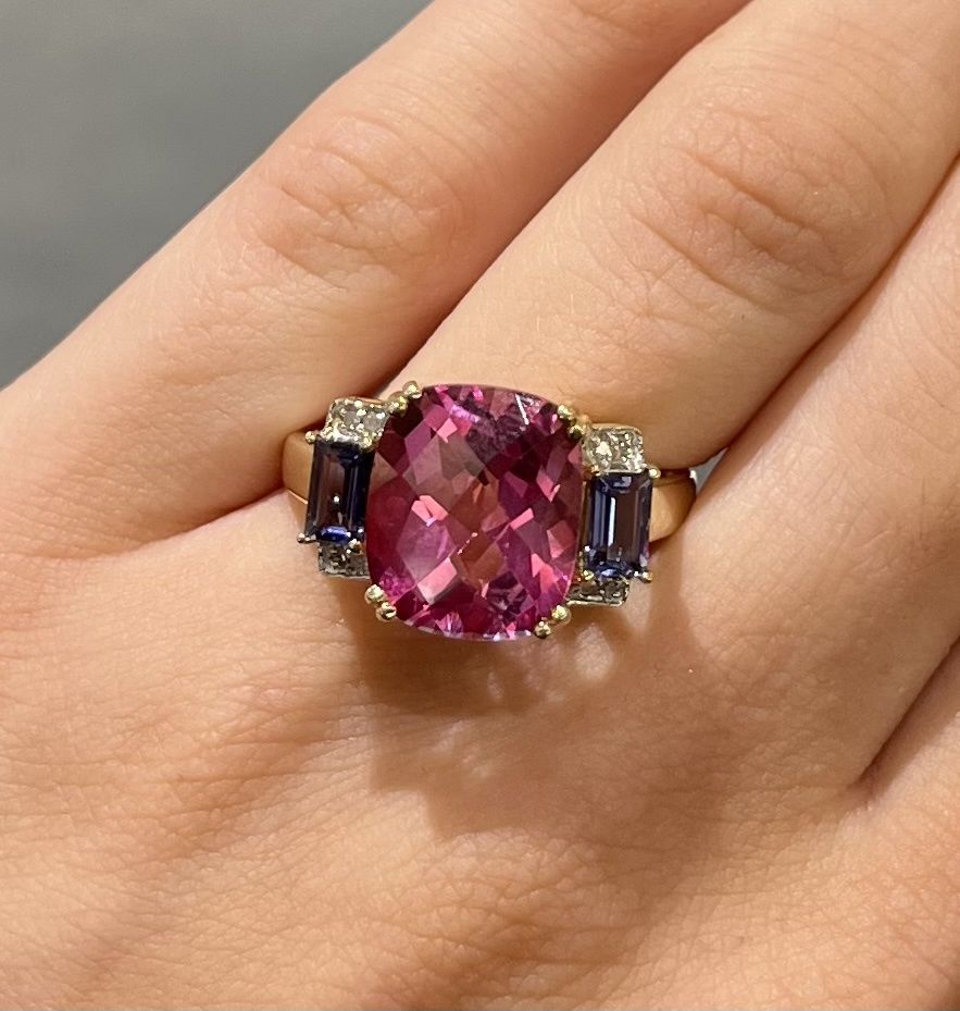 Pre-Owned 9ct Yellow Gold Flamingo Topaz, Tanzanite &amp; Diamond Ring