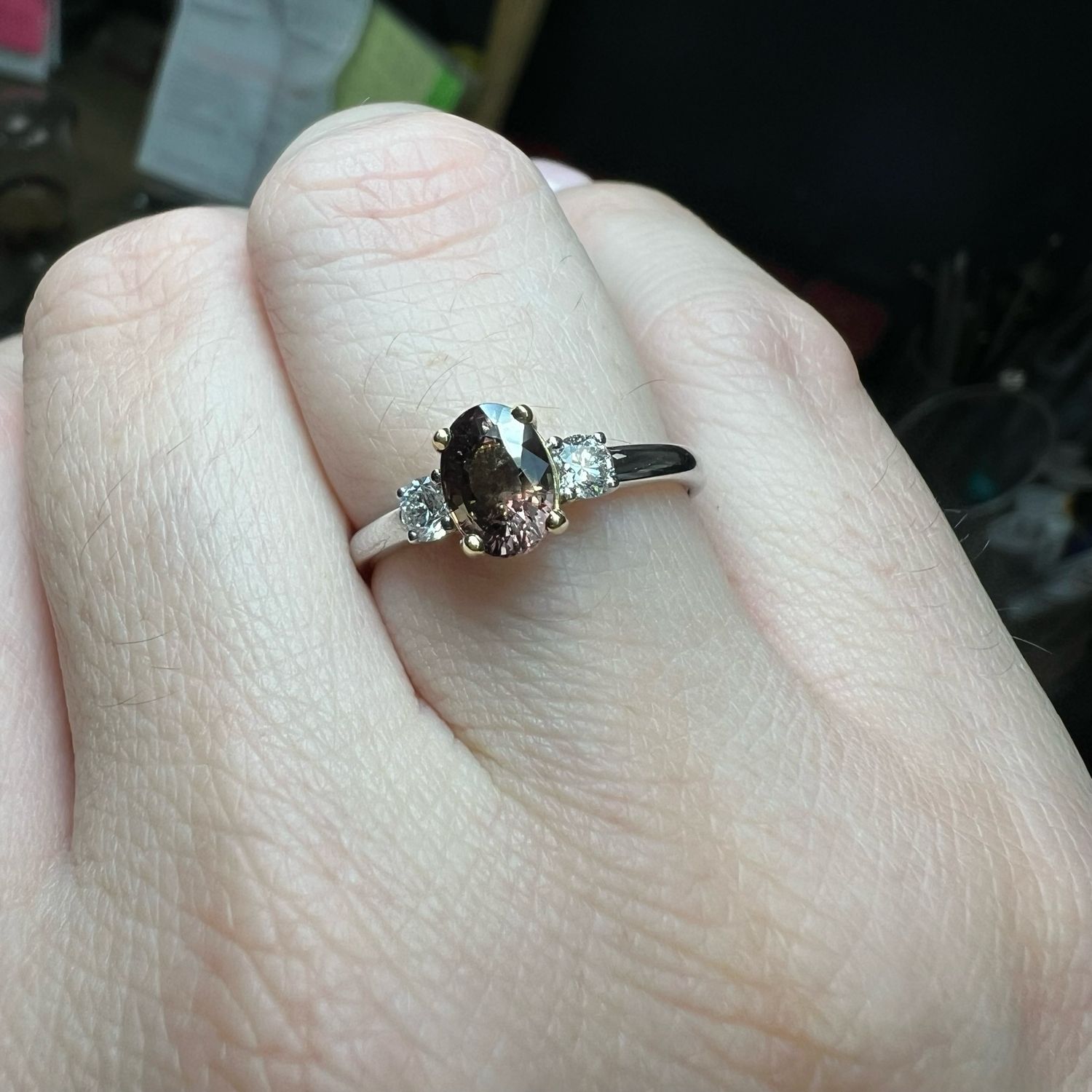 18ct White Gold Colour-Change Sapphire &amp; Diamond Three Stone Ring