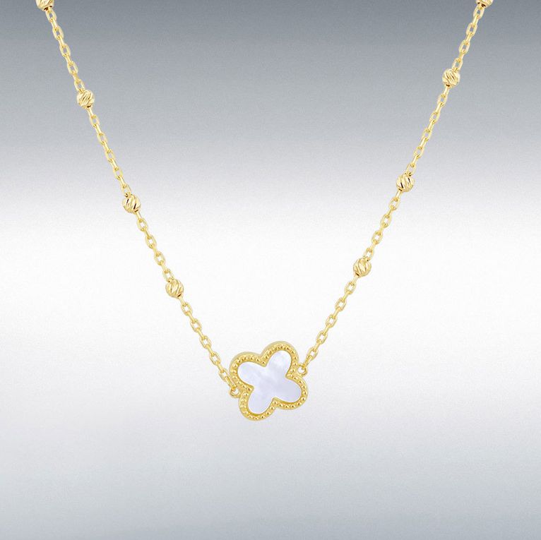 9ct Yellow Gold White Mother of Pearl Clover Ball Chain Necklet