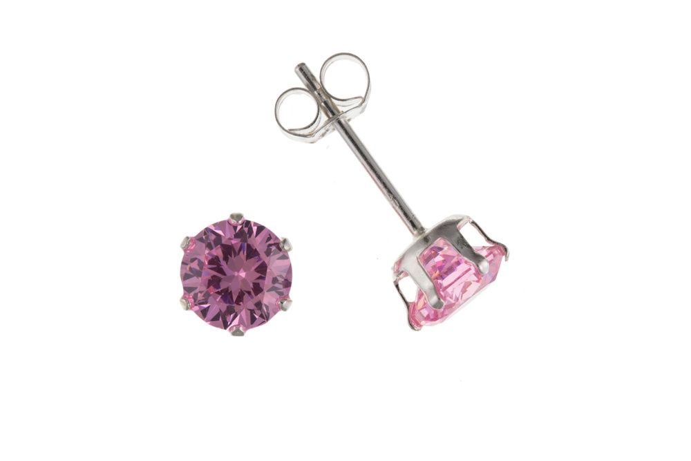 Silver Pink Cubic Zirconia 5mm Stud Earrings