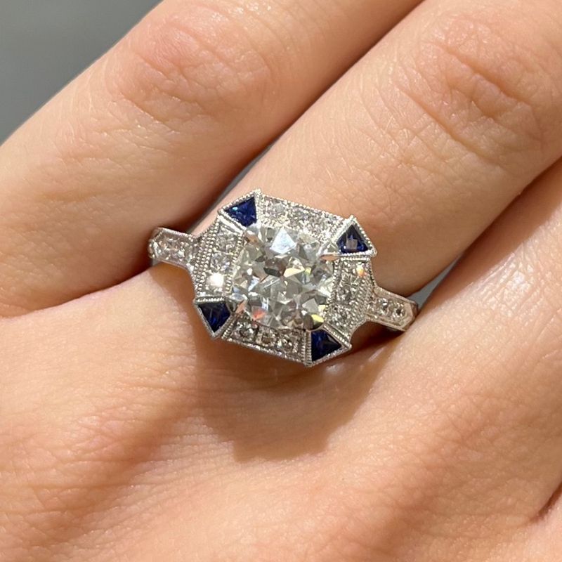 18ct White Gold Art Deco Style 1.25ct Old European Cut Diamond Ring with 0.36ct Sapphire 18ct White Gold Art Deco Style 1.25ct Old European Cut Diamond Ring with 0.36ct Sapphire