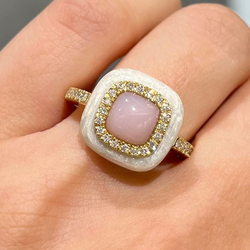 18ct Yellow Gold Pink Rock Crystal, Rhodocrosite, Mother Of Pearl &amp; Diamond Ring