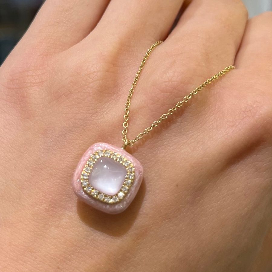 18ct Yellow Gold Pink Rock Crystal, Rhodocosite, Mother Of Pearl &amp; Diamond Necklace
