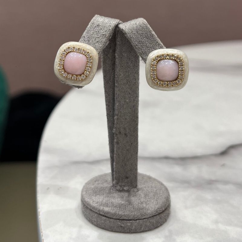 18ct Yellow Gold Pink Rock Crystal, Rhodocrosite, Mother Of Pearl &amp; Diamond Earrings