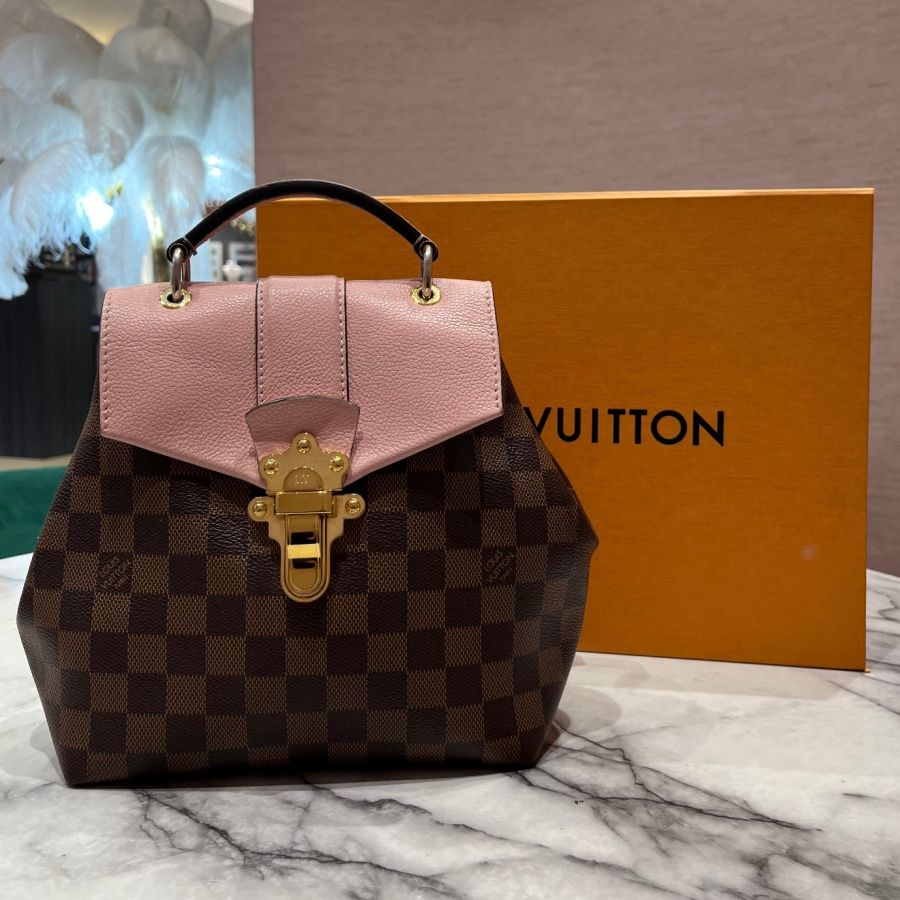 Pre-Owned Louis Vuitton Clapton Backpack in Damier Ebene Canvas &amp; Magnolia Pink Taurillon