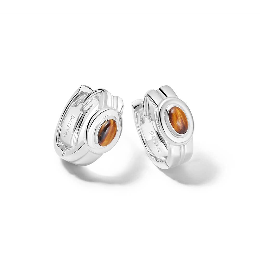 Sterling Silver Tigers Eye Huggie Hoop Earrings