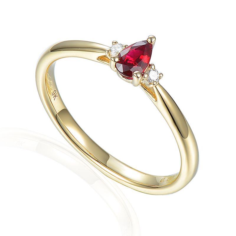 9ct Yellow Gold Pear Ruby &amp; Diamond Three Stone Ring